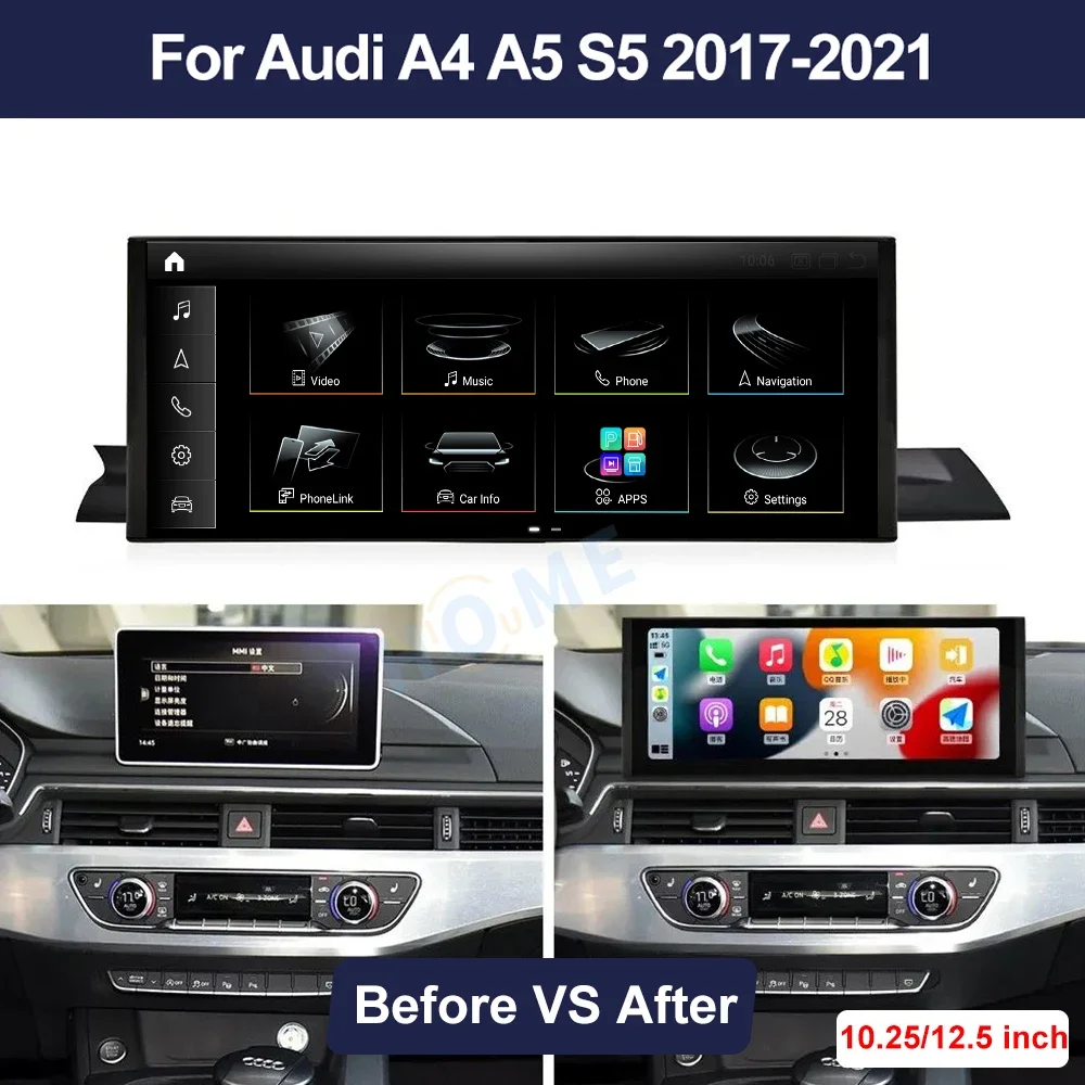 Android 13 10.25'' Carplay Auto Screen For Audi A4 A5 S4 S5 A4L B8 2017-2021 Car Stereo Multimedia Radio Player GPS Navigation