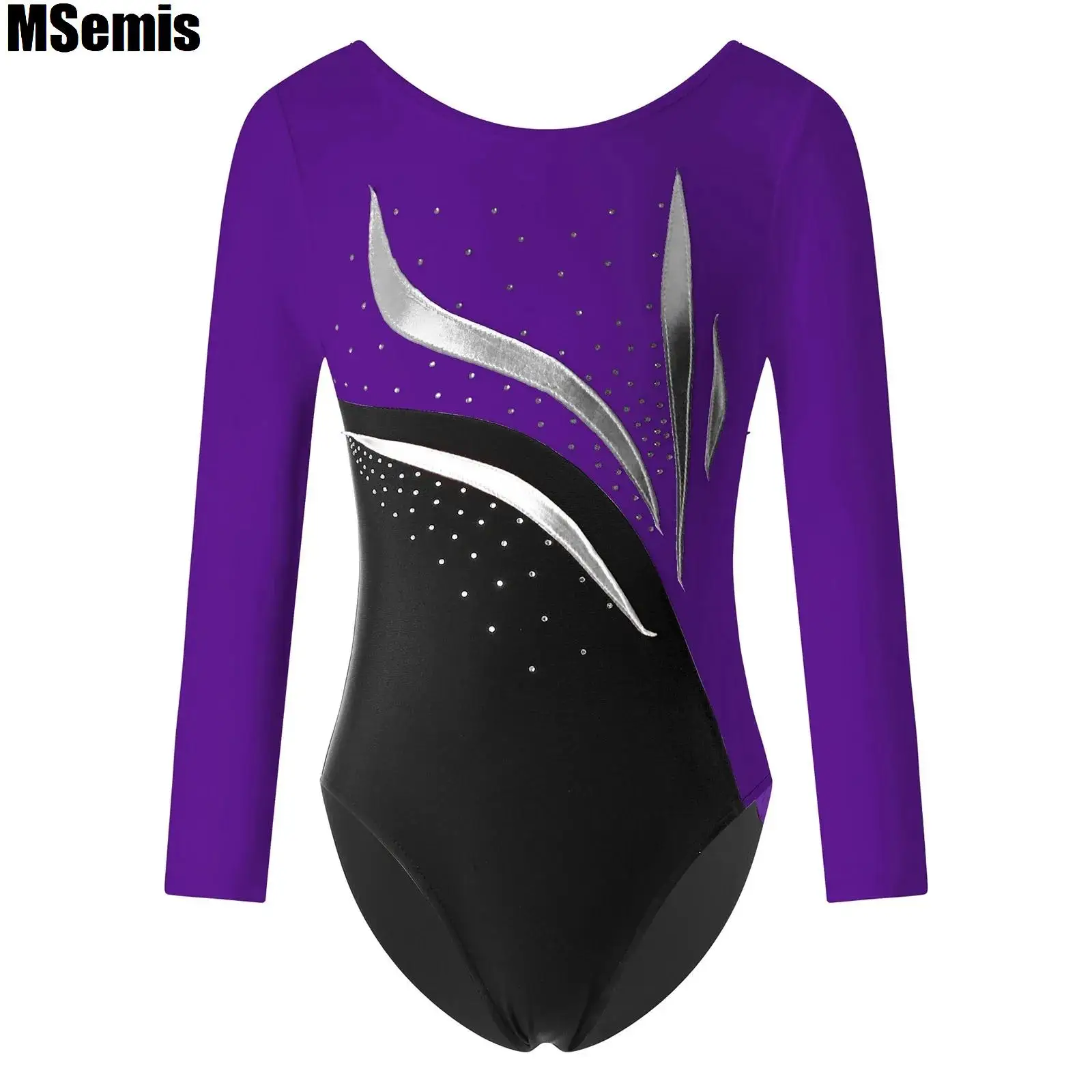 Kids Girls Slim Fit Dance Leotards Stylish Shiny Rhinestone Decorated Dance Clothing Long Sleeve Round Neckline Dancewear