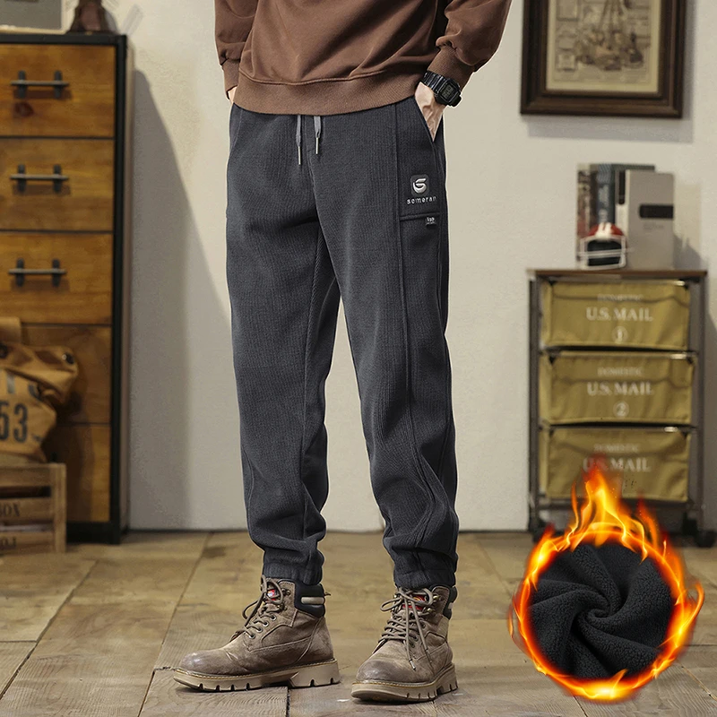 CUMUKKIYP 2023 Autumn Winter Thickened Fleece Casual Pants for Men