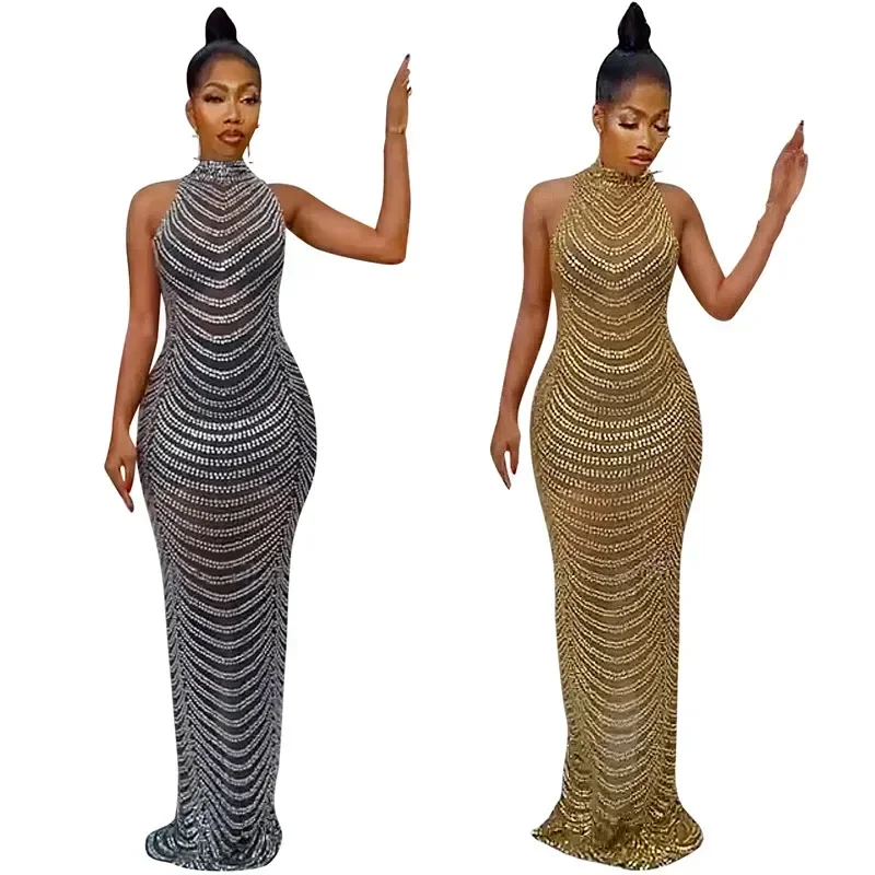 GUWU femme Sexy voir à travers maille étincelle clouté diamant robe moulante évider dos nu fête Club robe Maxi