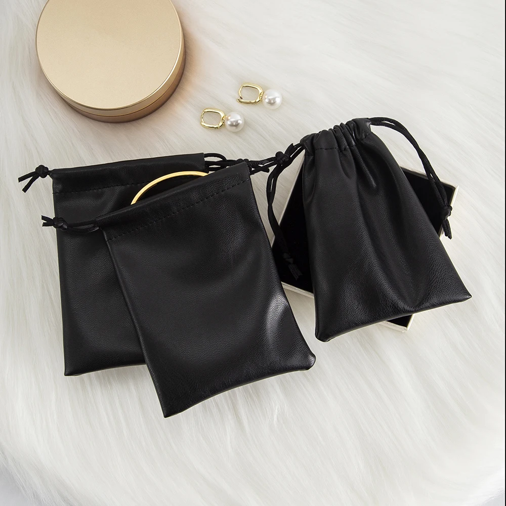 10Pcs Black PU Leather Jewelry Drawstring Bags