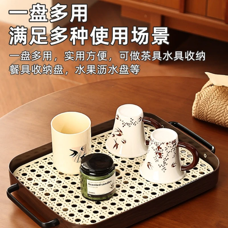 Vintage Style Rectangular Tea Tray with Drip Mat, Small Fruit & Cup Serving Platter, Light Luxury Home Decor for Living Room.