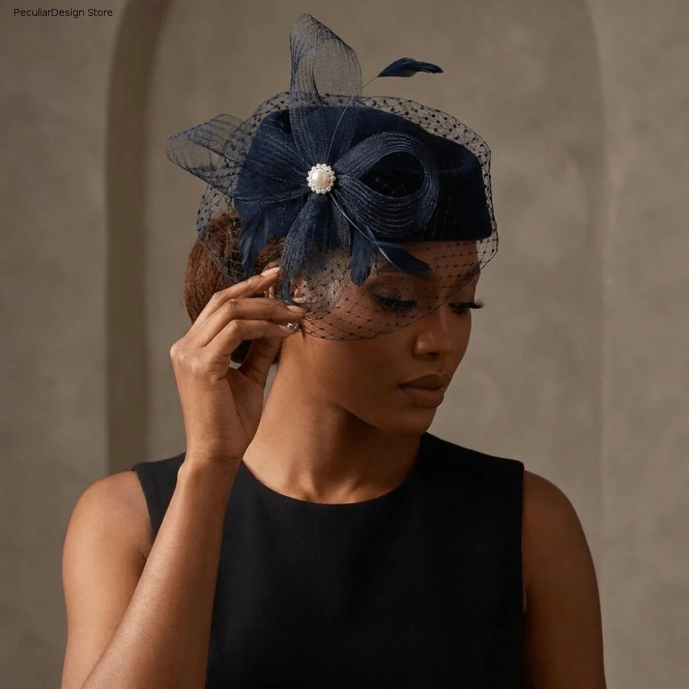 Pearl Elegant Feather Mesh Fascinator Hat Polka Dot Veil Elegant Style Bridal Beret Polyester Ready to Wear Head Wrap Banquet