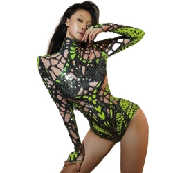 Sparkly Rhinestones Long Sleeve Bodysuit Singer Dancer Performance Dance Costume Stage Wear Party Nightclub Outfit