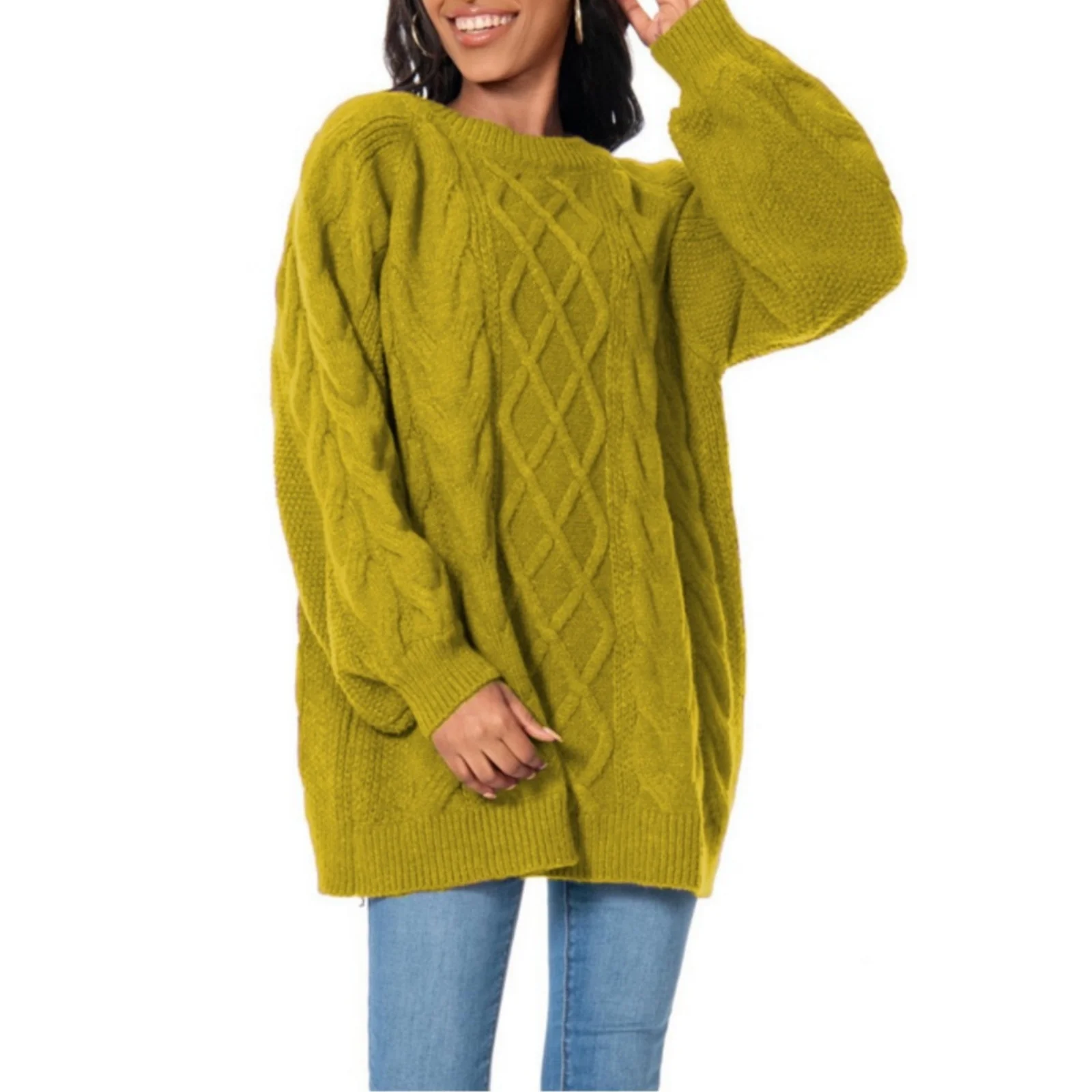 Pull en tricot épais pour Femme, pull à col rond avec câble, vêtements d'automne