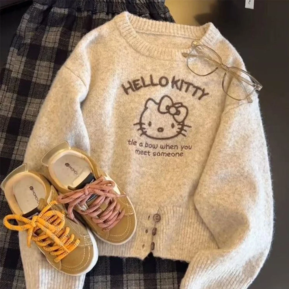 

Cartoon Hello Kitty Children Casual Sweater Grey Pullover Knitwear Sanrio Girl Kawaii Fashion Clothes Teen Warm Round Neck Tops
