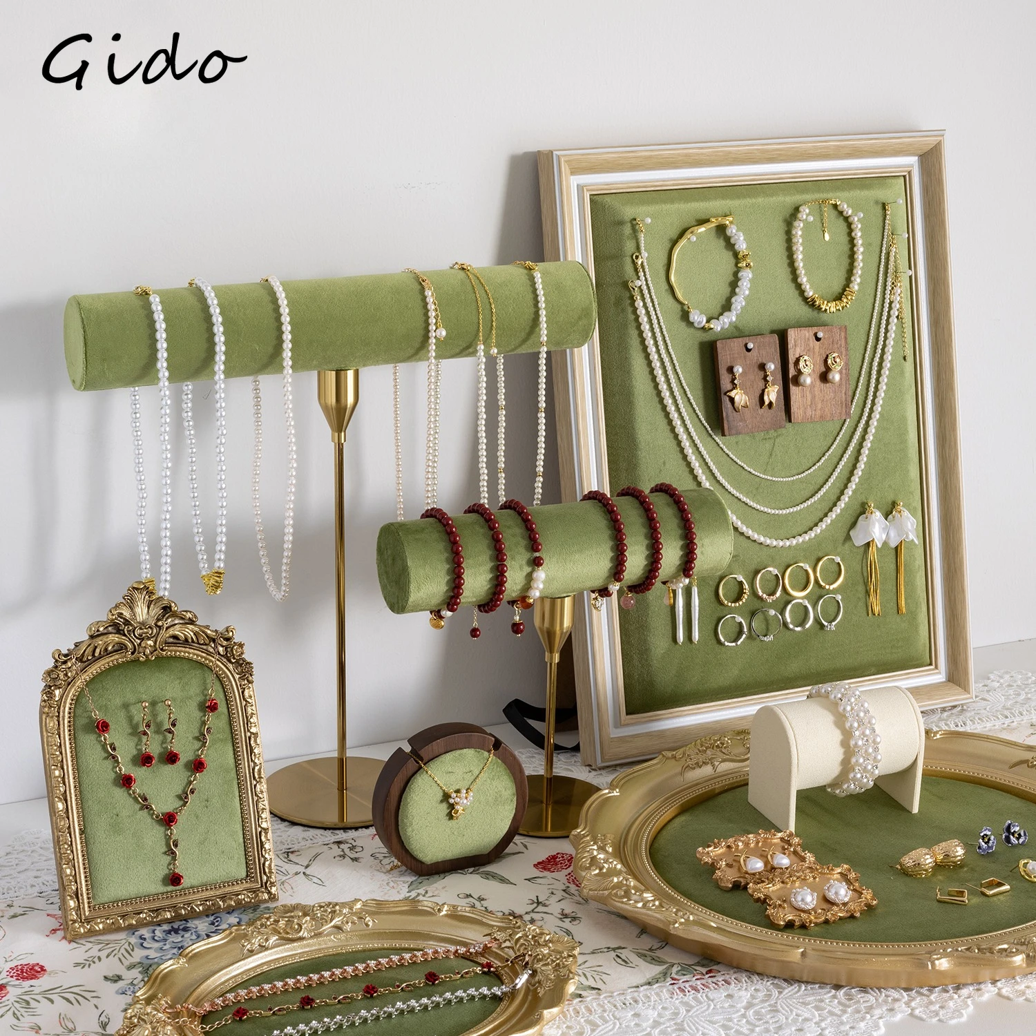 

Vintage Velvet Jewelry Display Tray Set Green Cloth Necklace Bracelet Earring Stand Holder for Retro Gold