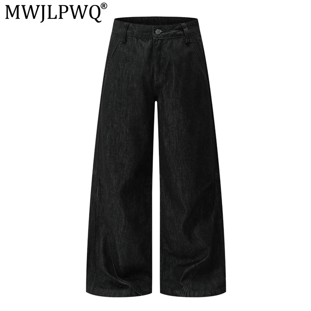 MWJLPWQ Street Deconstructed Design Loose Wide-Leg Jeans For Men Trendy Vibe Cut Solid Color American Straight Trousers 21131