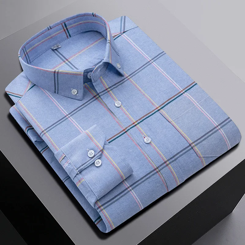 LIBIELIY New All Cotton Oxford Spinning Long Sleeved Shirt Button Collar Casual Men's Checkered Stripe Solid Color Fashion Shirt
