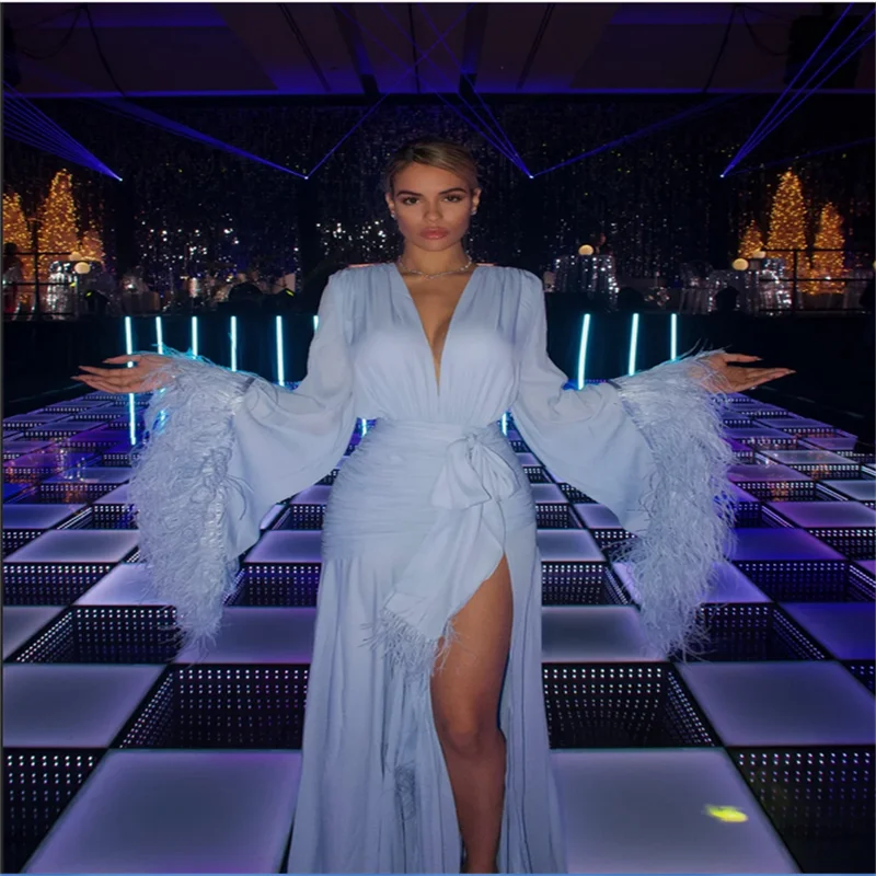 

Customized V-neck Side High Slit A-line Sky Blue Prom Dresses Long Sleeve Elegant Evening Dresses Cascading Ruffle Party Dresses