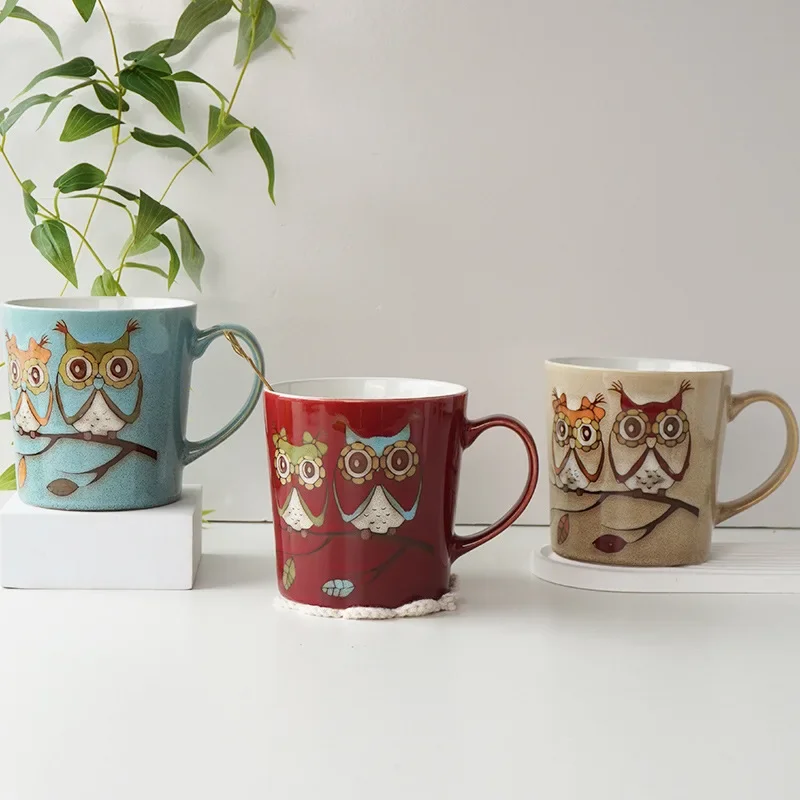 Vintage Owl Ceramic Mug Large Capacity V Shape Coffee Cup Ins Style Forest Theme