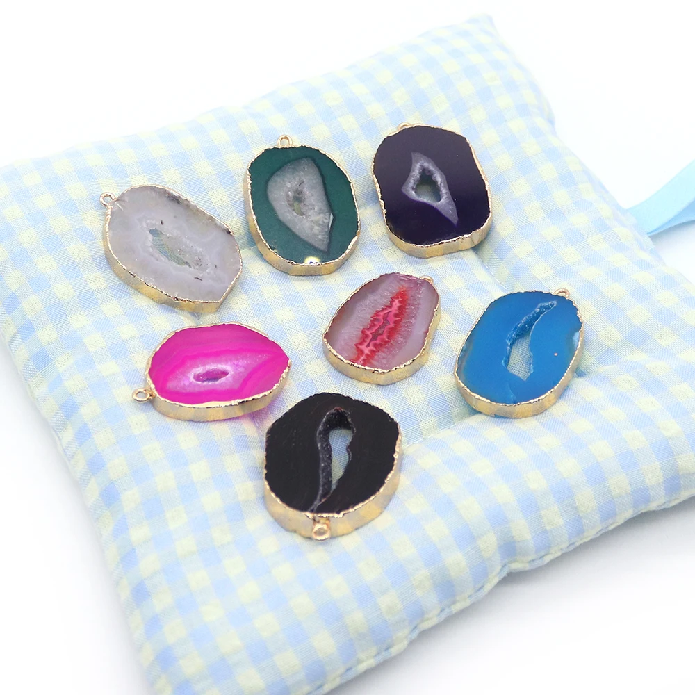 Colorful Natural Stone Agate Slice Irregular Polished Hollow Electroplated Rim Single Hole Pendant DIY Necklace Earring Jewelry