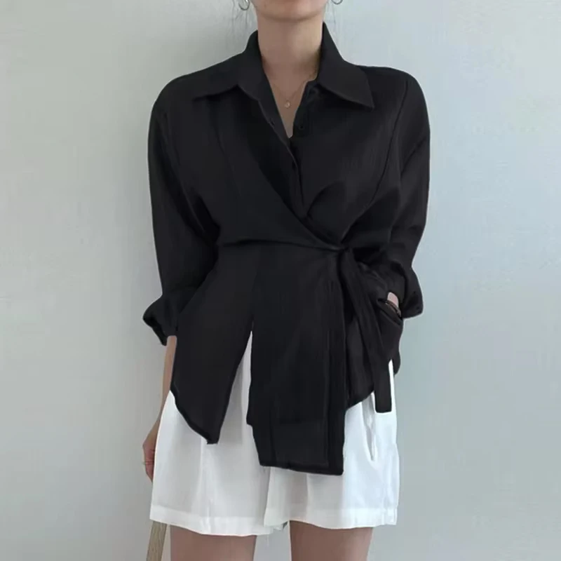 

Fashion Solid Long Sleeve Casual Women's Shirts Elegant Chic Lace-up Irregular Loose Blouses Women Streetwear Button Up Shirt