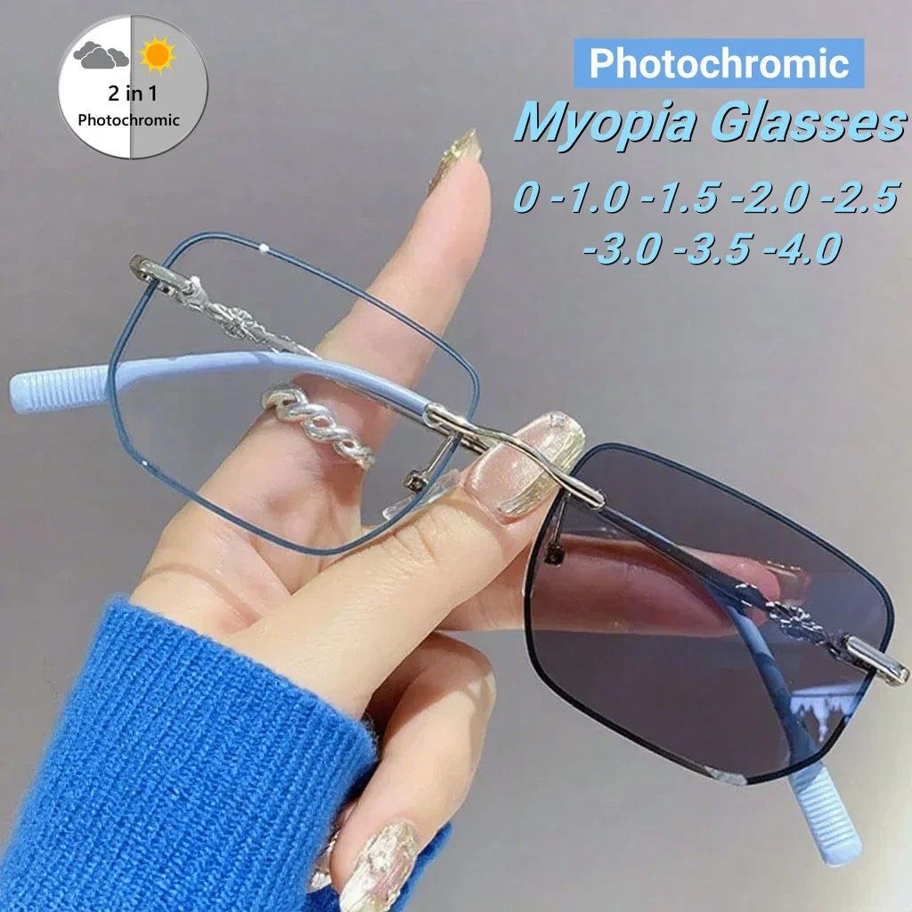 

2025 New Fashionable Frameless Photochromic Women's Myopia Glasses Elegant Luxury Anti Blue Light Myopia Sunscreen Glasses