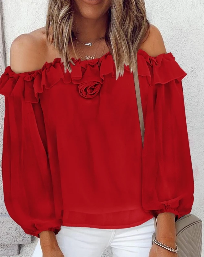 Shirt for Women 2024 Summer One Line Neck Solid Color Pullover Rose Detail Ruffle Hem Off-Shoulder Bubble Sleeve Top Y2K Clothes