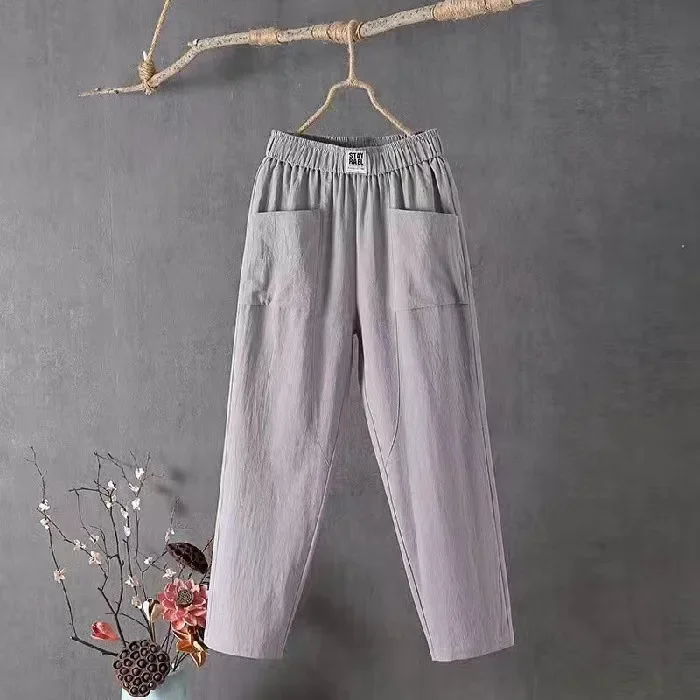 Women Loose Casual Pocket Cotton Linen Long Straight Pants Cropped Harlan Pants