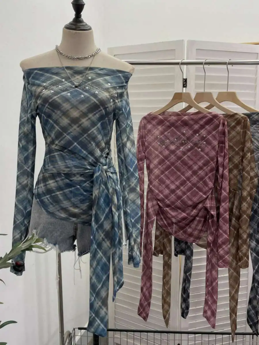 

Retro American Plaid Long Sve T-irt with Flowing Ribbons ort Sle Me Top Summer Faion Ladies' Spicy Sle Striped