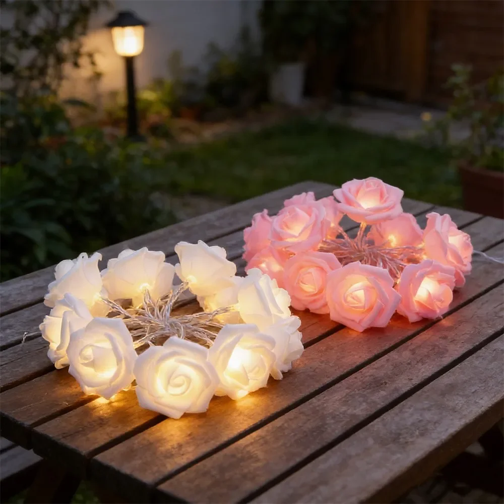 String Lights Artificial Rose Bouquet Romantic Fairy Light Garland Valentines Day Wedding Party Christmas Decor