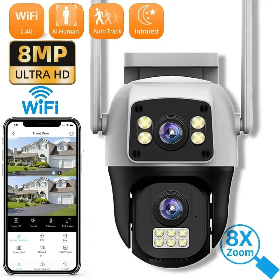 8MP 4K Dual Screen Outdoor PTZ Wifi Camera Dual Lens Camera Ai Human Detection Night Vision 10X Zoom CCTV Video Security Cam