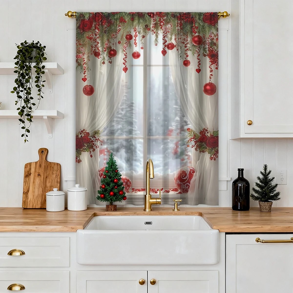 1Pc Christmas Window Scenery Decoration Curtain, Made of Polyester Fiber, Rod Pocket Design, Suitable for Holiday Parties and Winter Celebrations, Christmas Decorations