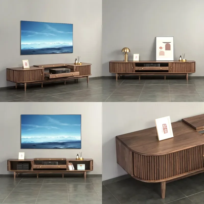 North American Black Walnut TV Stand Extendable Solid Wood Media Console Short Throw Projector Cabinet Living Room Storage