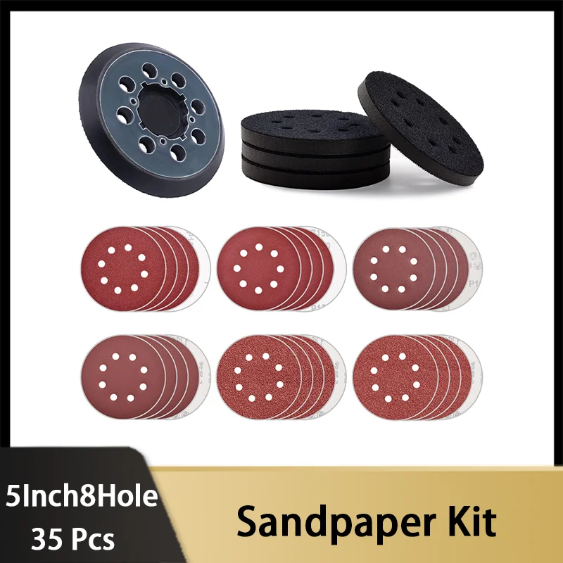 5 inch 8 Holes Sandpaper Kit 35 Pcs Hook and Loop with Interface Pad and Backing Pad for Grinding Wooden Furniture Metaling