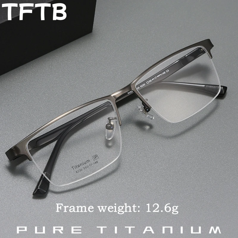 

TFTB Men's Business Half Frame Glasses Luxury Pure Titanium Acetate Leg Eyewear Ultra Light Fashion Big Size Eyeglasses Frame