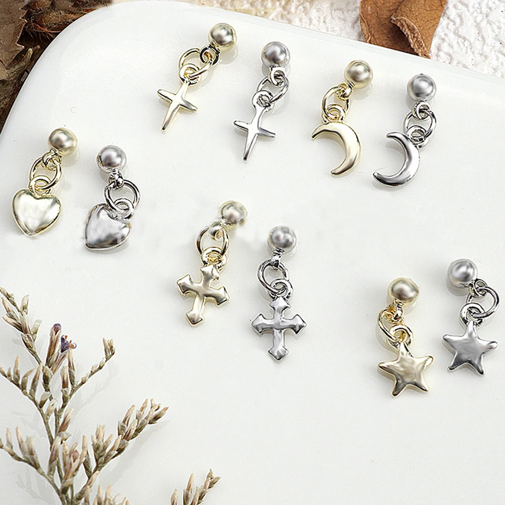 Silver Star Nail Art Charm, Metal 3D, Super brilhante, coração, Cruz Pingente, Dangle, Luxo, Glitter, DIY Decoração de unhas, 10pcs