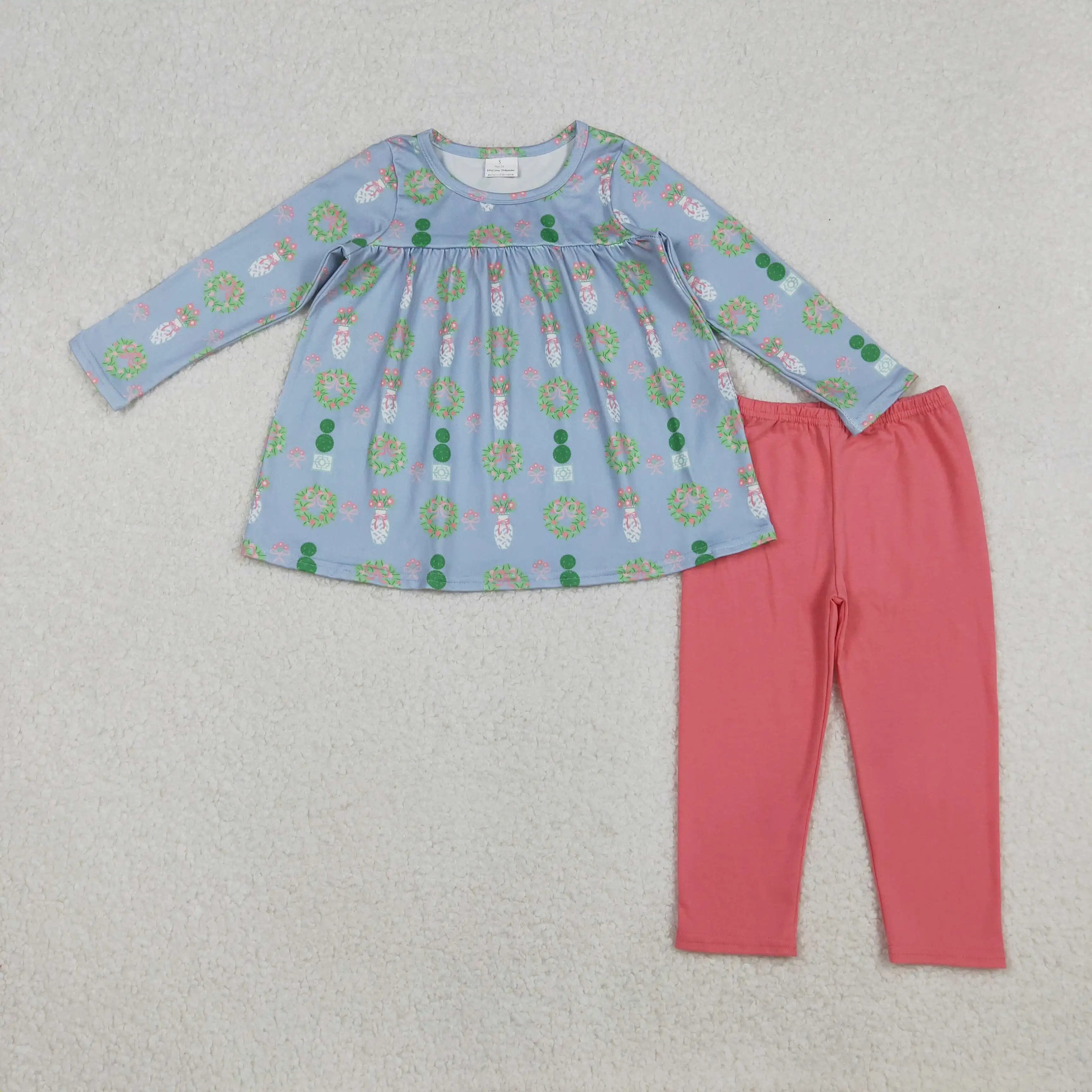 

X10.14 Winter baby girls clothing wholesale Christmas bow pattern blue long sleeve pink trouser suit