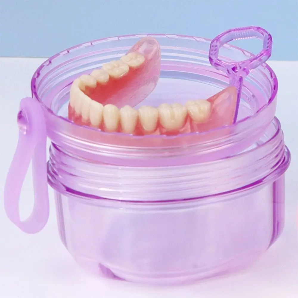 Impact-resistant Denture Cleaning Box Food Grade Double Layer Braces Storage Case Silicone Handle Leakproof Denture Soaking Cup