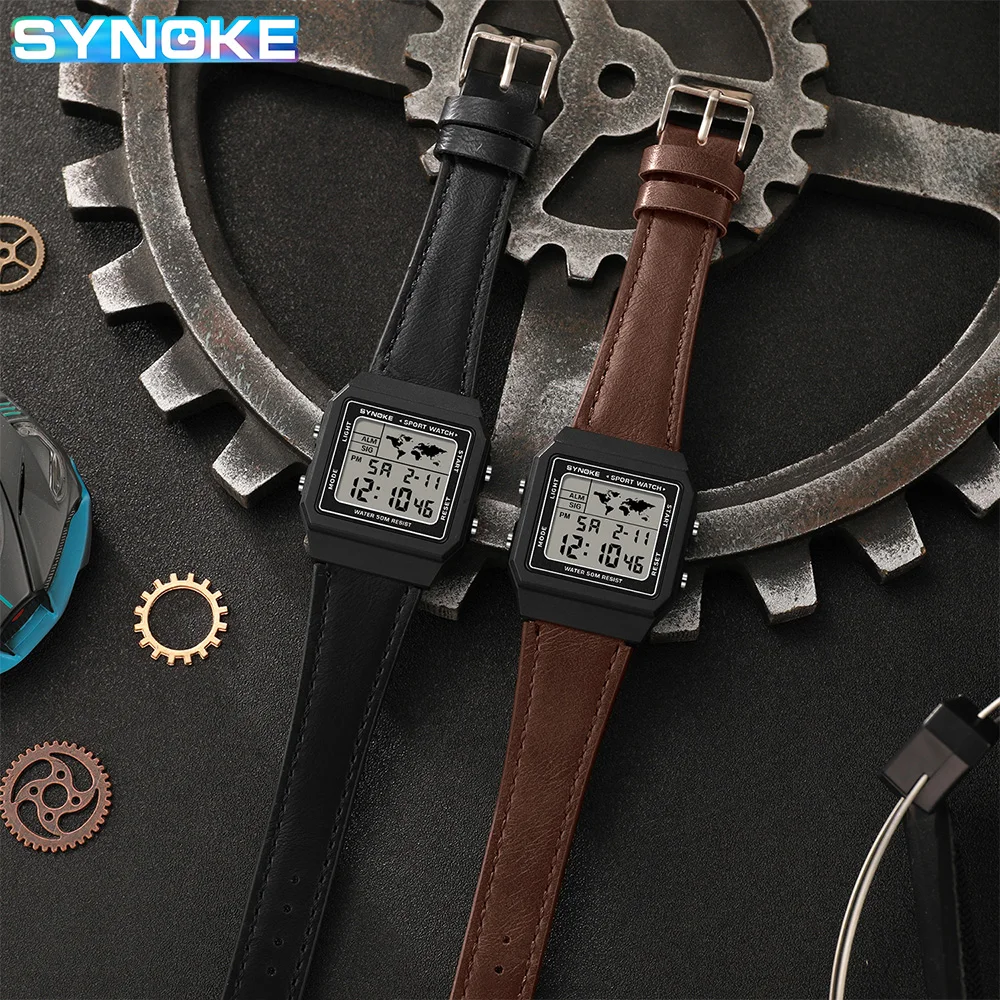 SYNOKE Leather Watch Outdoor Sports Multifunctional Waterproof Large Screen Display Luminous LED Digital For Men Retro Fashion