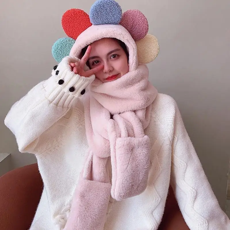 

195E Fashion Hooded Scarf Hat Glove 3 in 1 Sets Women Winter Warm Soft