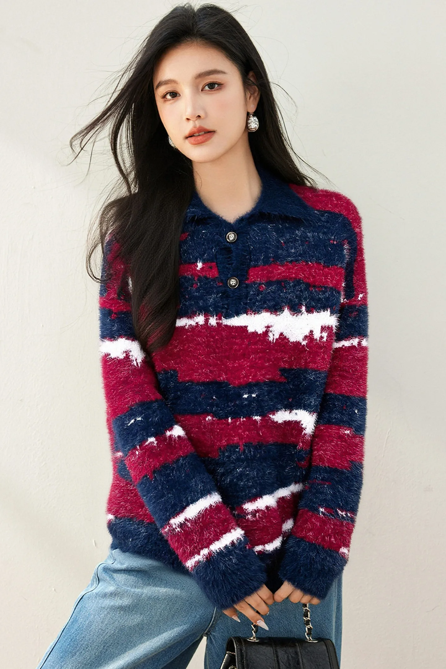 الأمريكية الرجعية المتناقضة اللون التلبيب سترة للنساء طويلة الأكمام فضفاضة محبوك القمم الخريف الشتاء الدافئة سميكة تريكو 9825 #5