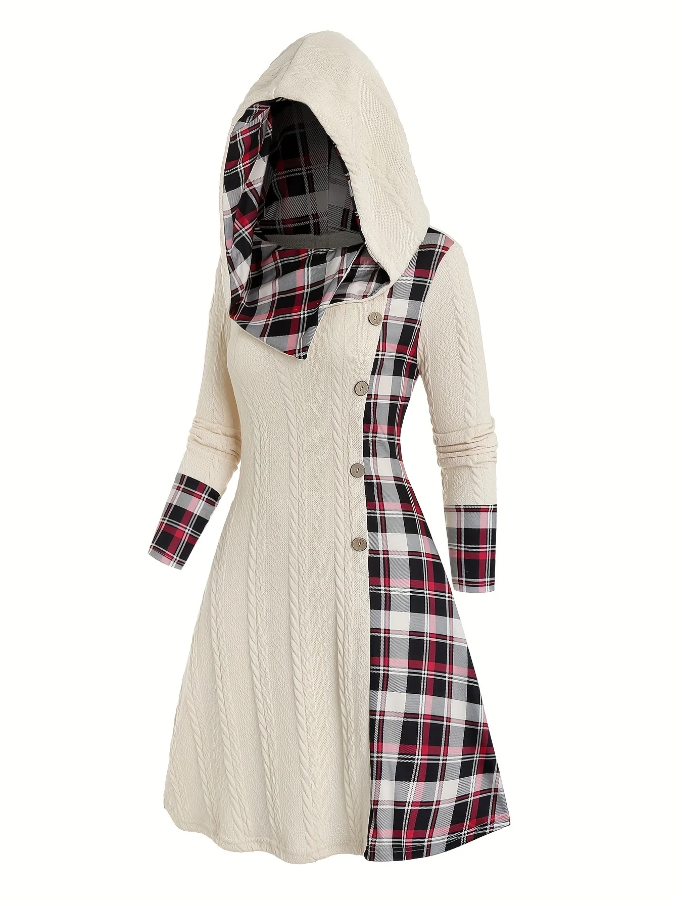 Damen-Kleid mit Karomuster, Kapuze, hoher Taille, A-Linie, lange Ärmel, aus Strick, mit dekorativer Schnallendetail. – Detail 1