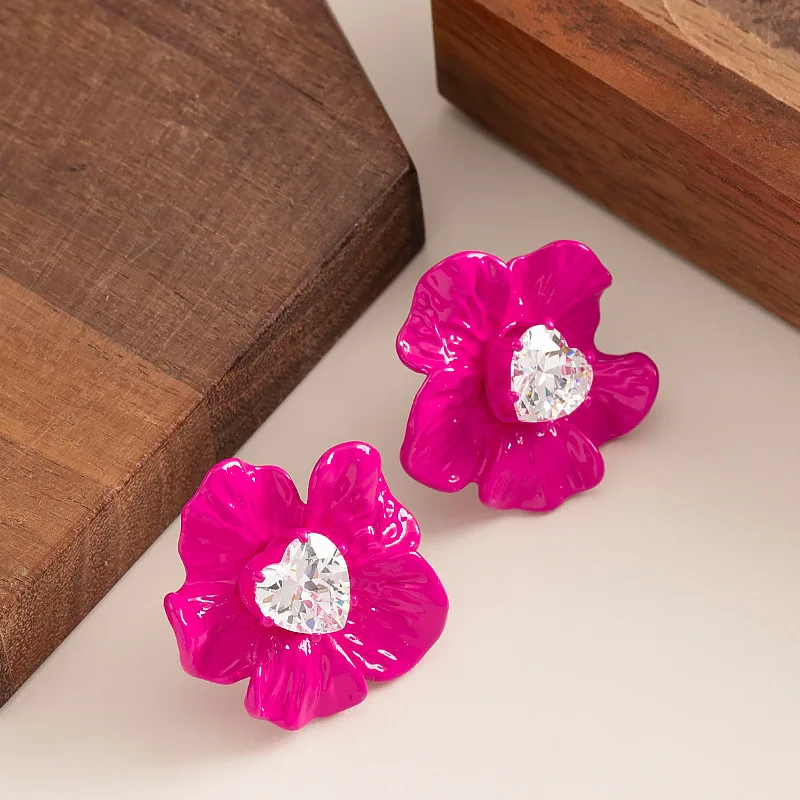 Fashionable and ultra-showy white zircon enamel drop glaze Klein blue flower stud earrings, temperament and versatile earrings