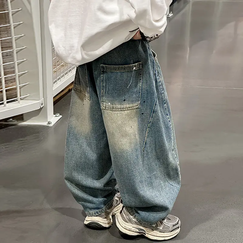 Boys Fashion Graffiti Loose Jeans Classic Ripped Denim Pants Spring Autumn Clothing Long Trousers Stylish Loose Fit for 4-14 Y