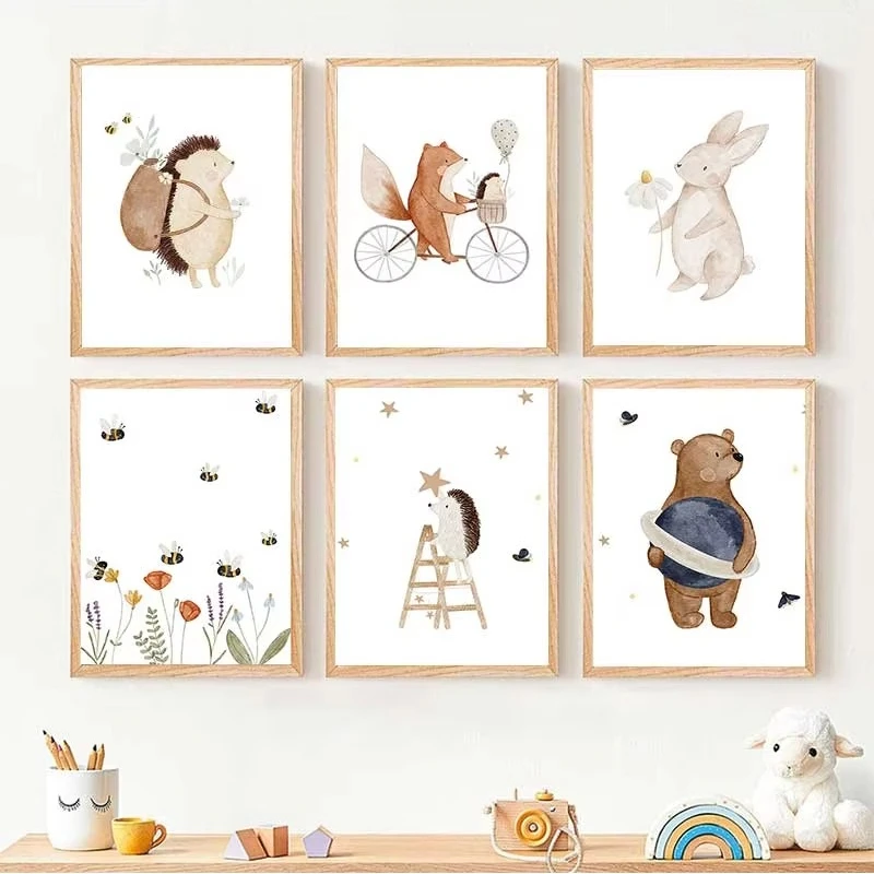 1PC frameless decorative art print,Minimalist Cartoon Animal Poster Bohemian Rabbit Hedgehog Bear Fox Flower Canvas Painting Hom
