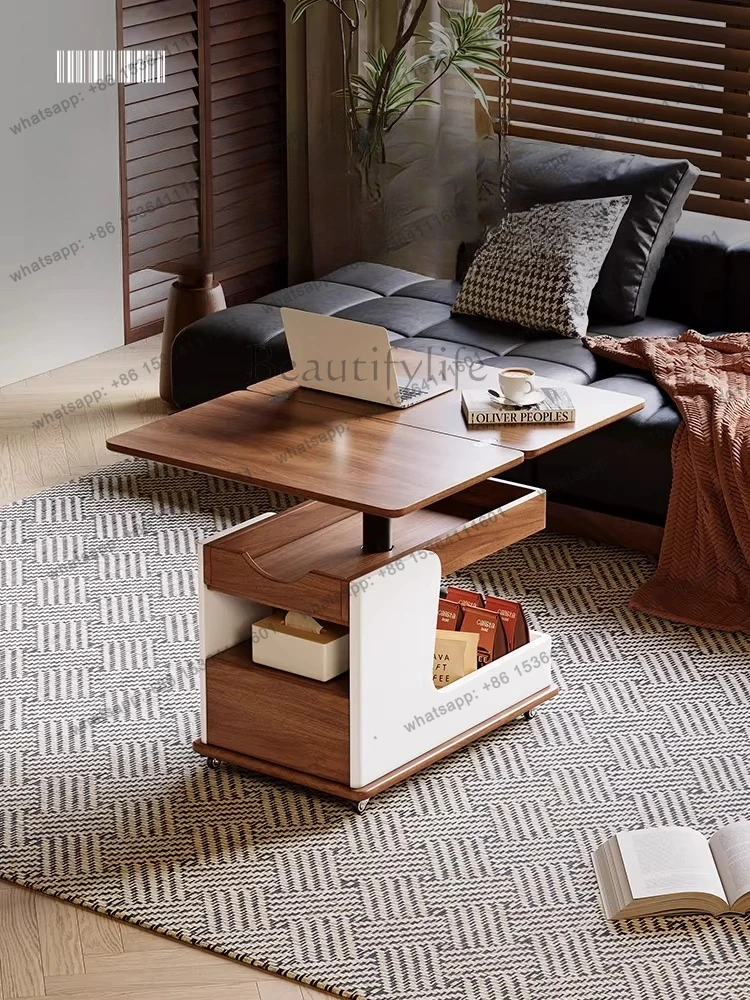 

Medieval solid wood coffee table movable lifting folding walnut color sofa side table