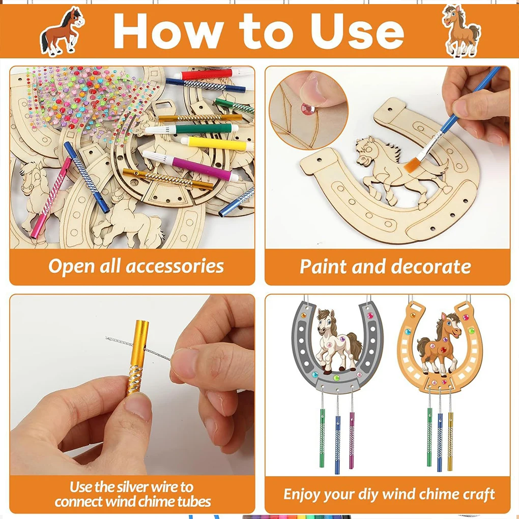 Kit de carrilhão de vento diy, carrilhão de vento de madeira, ferradura inacabado, conjunto de pingente para crianças, pintura