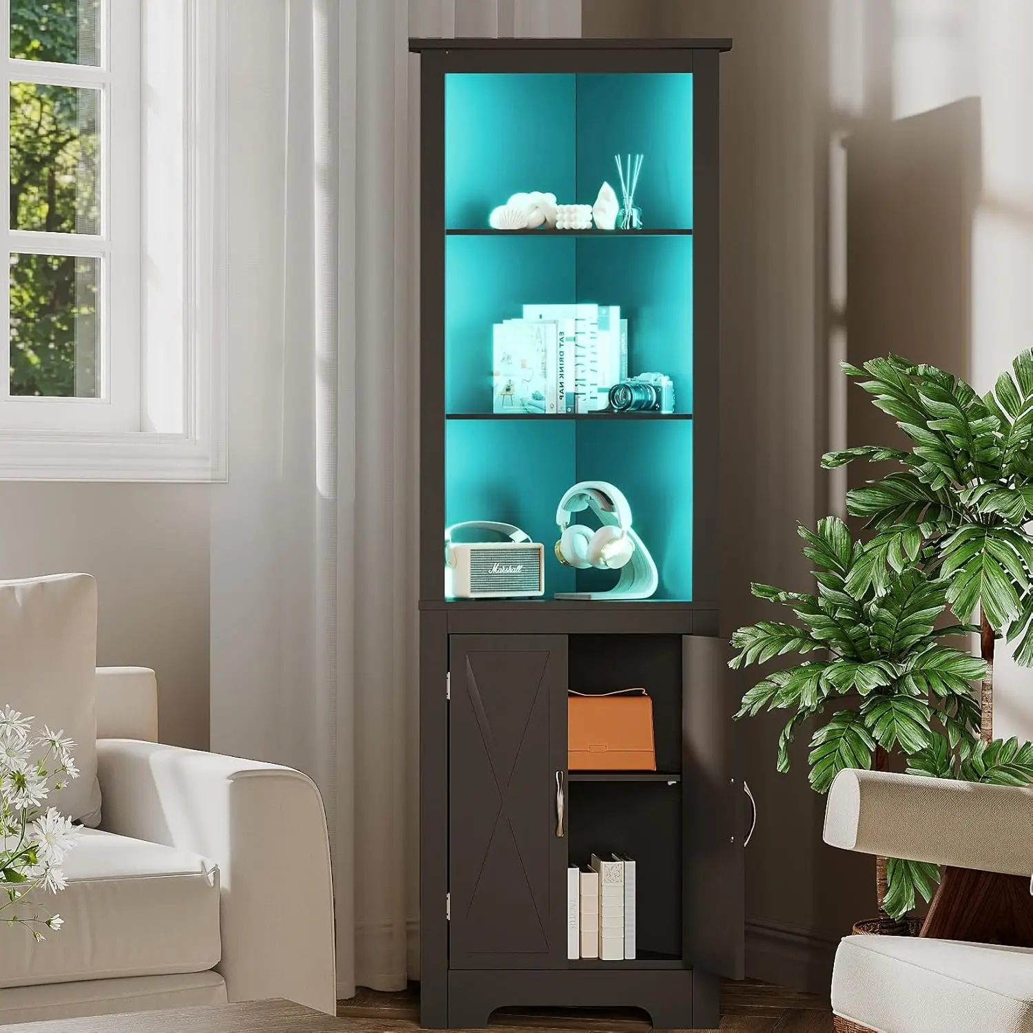 

Tall Corner Storage Cabinet with LED Lights, 5-Tier Corner Bookshelf Stand with Barn Doors, 66.9" Gothic Corner Display