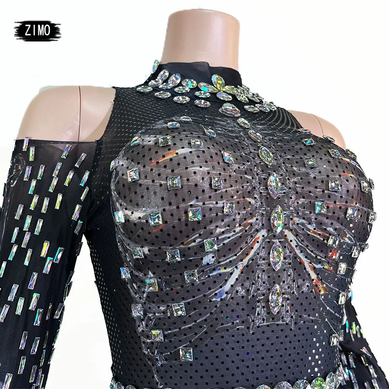 NEW GOGO AB crystal Gogo Show black Bodysuit Pole Dance Leotard Long Sleeve Sexy Party Birthday Club Celebrate Drag Queen Outfit