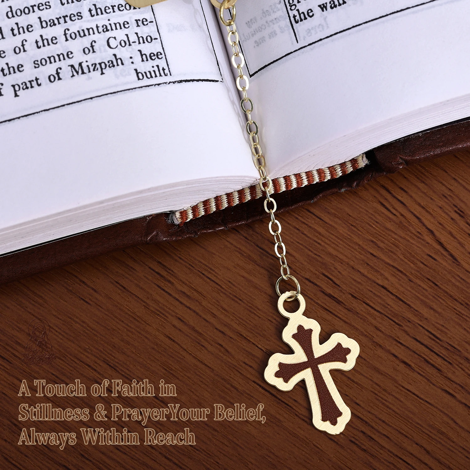 Virgin Mary Brass Bookmark, Religious Book Mark with Cross Chain, Inspirational Faith Gift for Women view 5