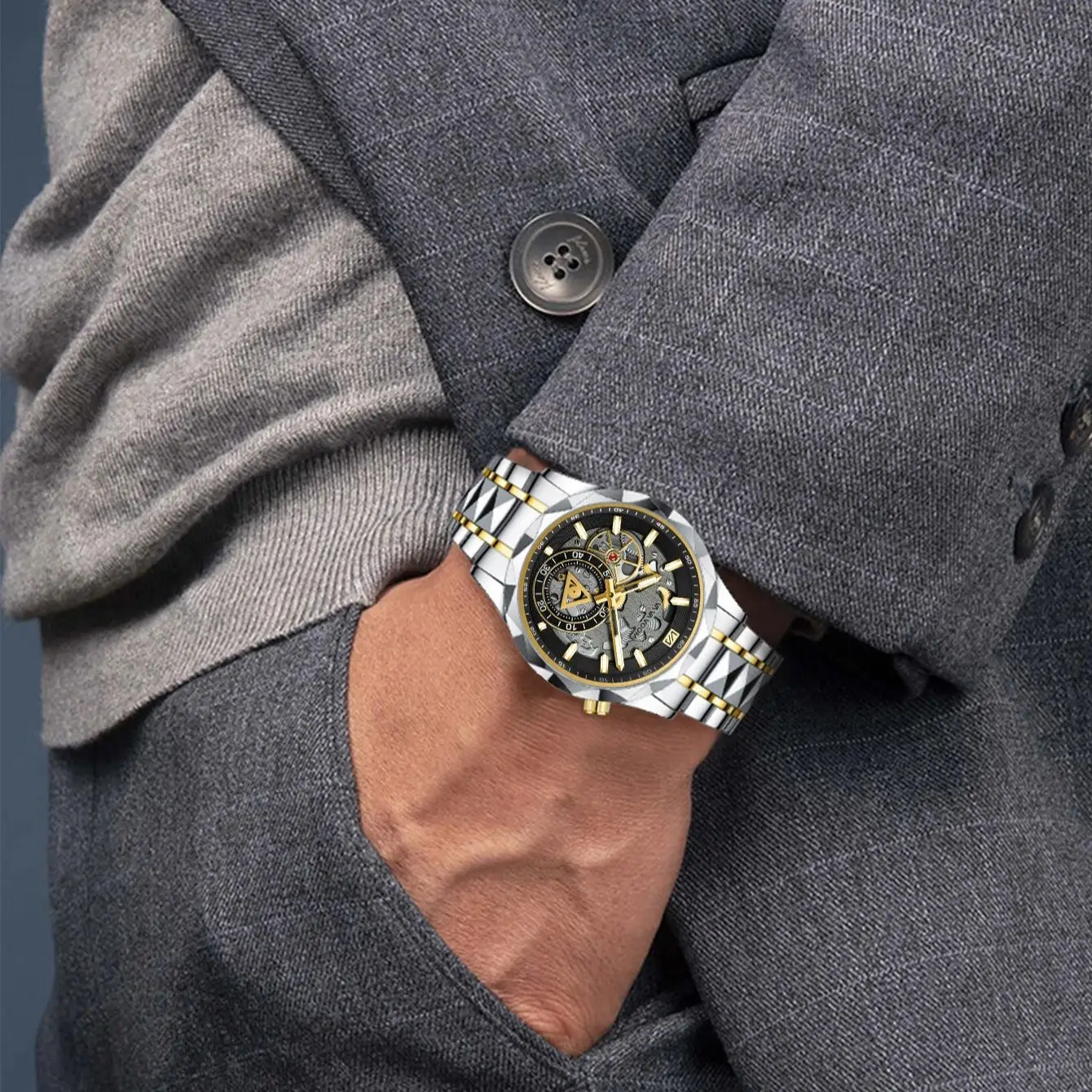 Men's Watch Light Luxury Brand Business Fashion Stainless Steel Strap Waterproof Quartz Watch Hollow out Wristwatch Male Clock