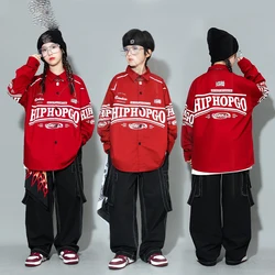 Children Jazz Modern Dance Costumes For Girls Red Coat Black Cargo Pants Streetwear Boys Hip Hop Performance Clothes DQS16699