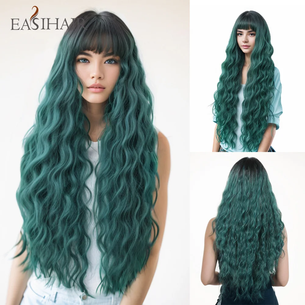 

Green Loose Wavy Synthetic Wigs with Bang Green Curly Wave Cosplay Lolita Christmas Hair Wigs for Women Heat Resistant Fake Hair