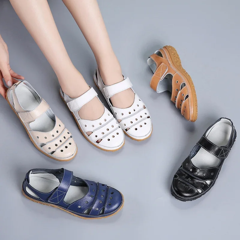 Summer Women Leather Sandals Hollow Flat White Fashion Casual Ladies Shoes Sandales Round Toe Non-Slip Size 35-42 Zapatos Mujer