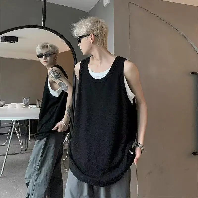 Atmungsaktive, zweiteilige Weste im amerikanischen Stil für Herren, ärmelloses Sport-T-Shirt, Tank-Tops, trendige, lässige, locker sitzende Kleidung für den Sommer