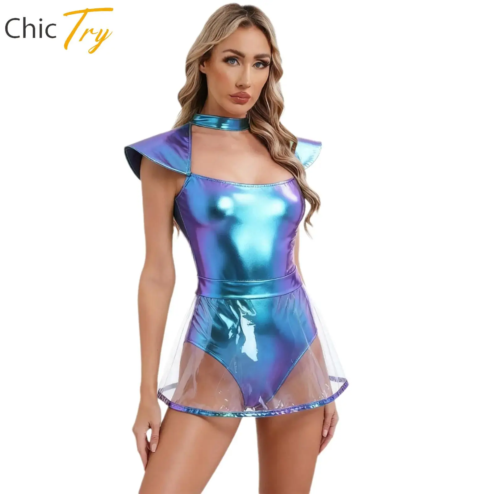 

Womens Space Alien Role Play Costume Fly Sleeve Leotard with PVC Skirt Swimwear for Halloween Carnivals Fancy Dress Performance