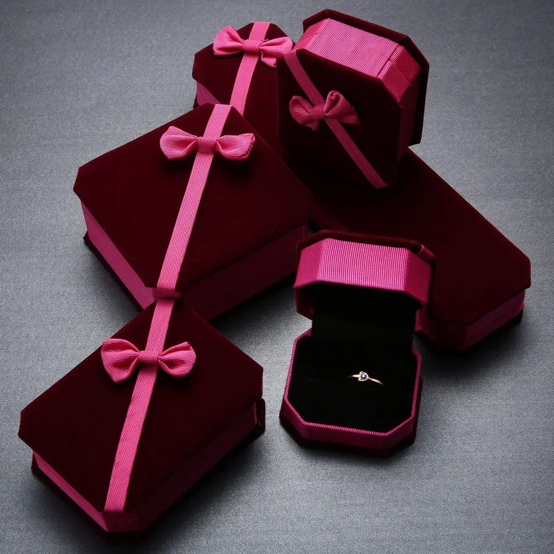 Classic Octagonal Velvet Bow Jewelry Box Ring Pendant Necklace Bracelet Box Valentine'S Day Gift Jewelry Packaging Display Box