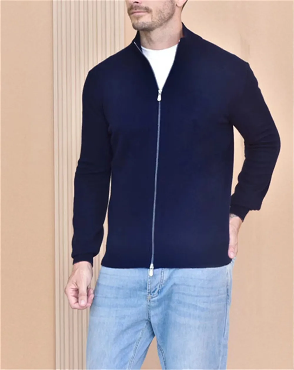 2024 Men\'S Zipper Cardigan Sweater Solid Color B*C Large Size Knit Cashmere Long-Sleeved Tops